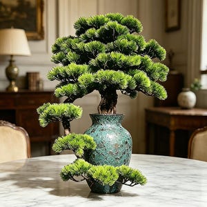 Puede incluir: Un bonsái artificial decorativo con follaje verde brillante en forma de agujas y un tronco texturizado de color marrón oscuro. El árbol está plantado en un jarrón de cerámica redondo de color verde azulado con un acabado craquelado.
