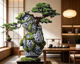 Surrealist 27.6" Blue and White Porcelain Bonsai Sculpture, Chinoiserie Faux Pine Tree Art, Avant-Garde Zen Centerpiece for Luxury Console