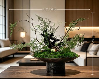 Solid Copper Footed Bowl Bonsai, Large Preserved Moss & Faux Fern Ikebana Arrangement, Luxury Coffee Table Centerpiece, Wabi Sabi Decor