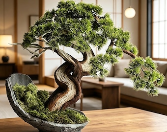 May include: A bonsai tree with a twisted, textured brown trunk and vibrant green needle-like foliage. The tree is planted in a dark gray, curved, stone-like basin filled with green moss, creating a natural display of a miniature pine tree.