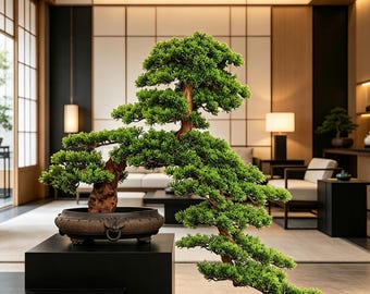 Large 35.4" Cascading Pine Bonsai, Wabi-Sabi Faux Tree in Rustic Cauldron Planter, Japandi Console Edge & Mantel Decor