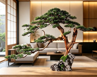 Giant 51" Real Wood & Stone Bonsai Sculpture, Mixed Media Faux Hinoki Cypress, Wabi-Sabi Floor Art Centerpiece for Luxury Lobby, Console