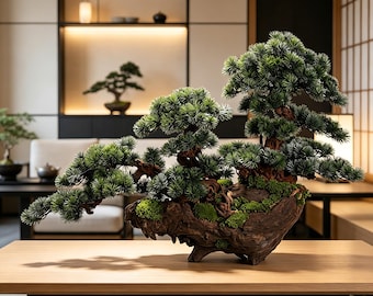 May include: A bonsai tree with dense green pine-like needles growing from a textured, dark brown driftwood base. The arrangement features multiple branches and clusters of foliage, accented with patches of bright green moss nestled in the wood.