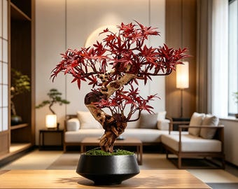 Large Artificial Japanese Maple Bonsai, Red Momiji Wabi-Sabi Tree in Matte Black Vessel, Autumn Japandi Centerpiece for Zen Desk & Console