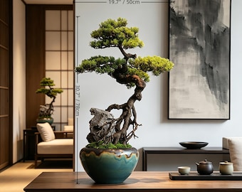 Japandi Artificial Bonsai Tree, Multi-Style Wabi-Sabi Zen Faux Plants, Preserved Moss Centerpiece for Luxury Coffee Table, Console & Shelf