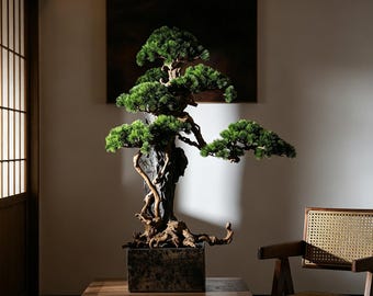 Giant 38" Tall Wabi-Sabi Pine Bonsai Sculpture, Root-Over-Rock Zen Floor Art, Faux Mountain Tree in Brutalist Base, Luxury Entryway Decor