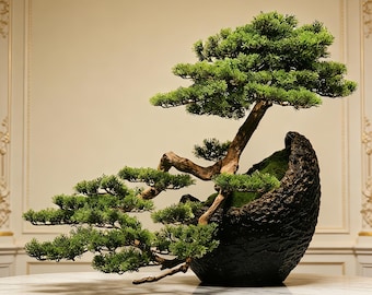 May include: A bonsai tree with vibrant green foliage and a textured brown trunk, planted in a dark, rough-hewn, asymmetrical ceramic pot. The tree features a cascading branch structure that extends horizontally over the edge of the container.