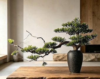 Large 35.4" Wide Zen Pine&Natural Wood Bonsai , Asymmetrical Wabi-Sabi Centerpiece in Black Stone Vase, High-End Faux Japandi Console Decor