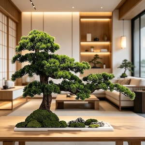 Könnte beinhalten: Ein Bonsai-Baum mit leuchtend grünem, nadelartigem Laub und einem strukturierten braunen Stamm, gepflanzt in einer flachen, weißen rechteckigen Schale. Die Basis ist mit grünen Moospolstern und kleinen grauen Steinen bedeckt.