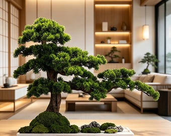 May include: A bonsai tree with vibrant green needle-like foliage and a textured brown trunk, planted in a shallow white rectangular tray. The base is covered in patches of green moss and small grey stones, creating a natural landscape effect.