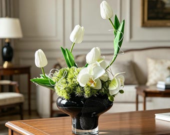 Modern Luxury Floral Centerpiece in Black Glass Vase, Sculptural Faux Orchid & Tulip Arrangement, Contemporary Desk, Console Table Decor