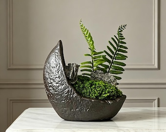 May include: A crescent-shaped dark charcoal planter with a textured, uneven surface. The planter contains a vibrant green moss base, two upright green fern fronds, and two small, jagged grey stones nestled within the greenery.