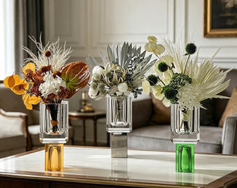 Architectural Glass Vase Centerpiece, Modern Faux Floral Arrangement in Color Block Vessel, Contemporary Executive Desk & Table Decor