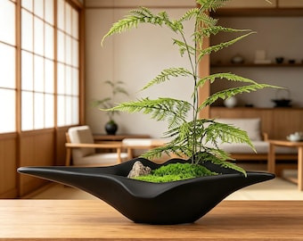 Large 22“ Japandi Zen Bonsai Centerpiece, Preserved Moss & Faux Fern in Asymmetrical Black Ceramic Bowl, Wabi-Sabi Executive Desk Decor