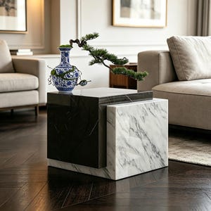 Italian Minimalist Marble Plinth, Interlocking Two-Tone Stone Pedestal, Geometric Side Table, Quiet Luxury stand & Floral Display
