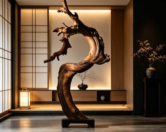 May include: A large, sculptural piece of polished, light-to-medium brown driftwood with a curved, organic shape and intricate, gnarled branches. The wood is mounted on a rectangular, dark brown wooden base, showcasing natural textures and grain.