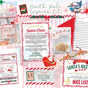 May include: A festive North Pole Express Kit with a letter from Santa, a Nice List, and a delivery label. The kit includes a red and white striped design with Santa Claus and reindeer illustrations. The kit is perfect for Christmas.