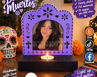 Día de los Muertos Memorial Candle Photo Frame – Personalized Altar Decor. Honor and remember someone special! BATTERY OPERATED CANDLES