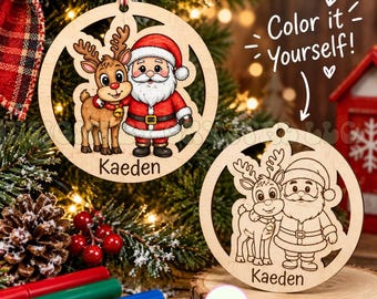 Personalized Christmas Ornament | Color Your Own Santa & Reindeer Ornament | Kids Christmas Ornament | Wooden Keepsake | Custom Name