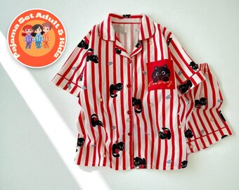 Women’s Striped Pajama Set | Cartoon-Themed Cat Top & Shorts | Cute Animal Design Sleepwear | Casual Summer Loungewear Outfit