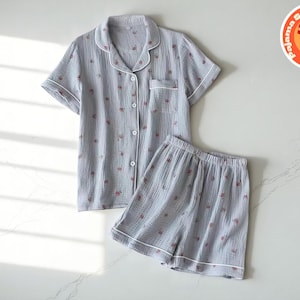 Cotton Crepe Pajama Set | Summer Women’s Loungewear | Short Sleeve & Shorts Sleepwear | Lightweight 2-Piece Home Outfit
