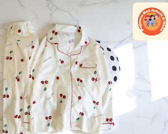 Zestaw piżamowy z nadrukiem dla kobiet | Góra do spania z długim rękawem | Wygodna dwuczęściowa odzież domowa | Luźny krój bielizny nocnej | Uroczy prezent dla niej