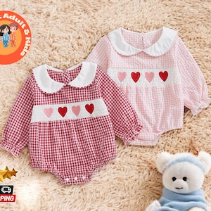 Baby Girl Valentine's Day Outfit | Embroidered Love Heart Smocked Romper | Cute Pink Gingham Bodysuit | Red Hearts Long Sleeve
