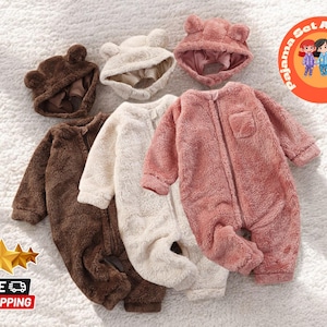 Fleece Baby Jumpsuit & Hat Set | Soft Warm Infant Romper | Toddler Onesie Outfit | Bear-Themed Hooded Newborn Clothes | Ideal Gift Idea