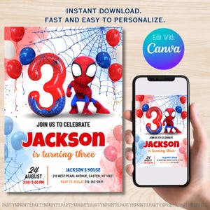 May include: A birthday party invitation featuring a Spider-Man theme. The design includes a large red number 3 balloon, a Spider-Man figure, balloons, and a spiderweb background. The invitation is personalized with the name "Jackson" and event details.