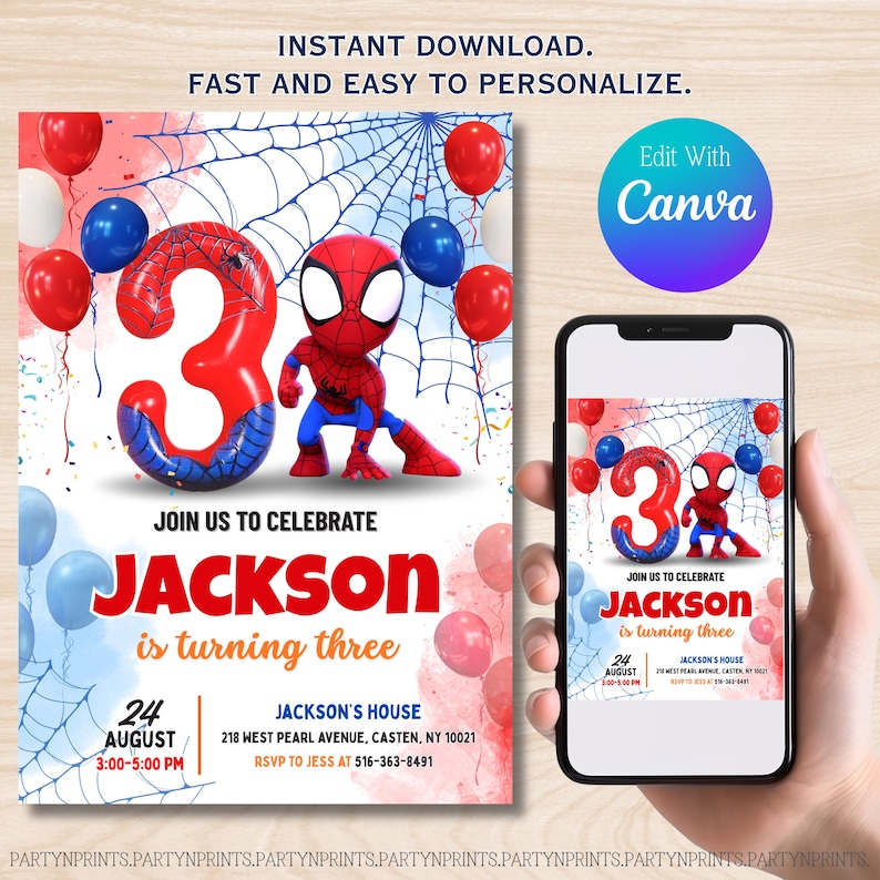 May include: A birthday party invitation featuring a Spider-Man theme. The design includes a large red number 3 balloon, a Spider-Man figure, balloons, and a spiderweb background. The invitation is personalized with the name "Jackson" and event details.