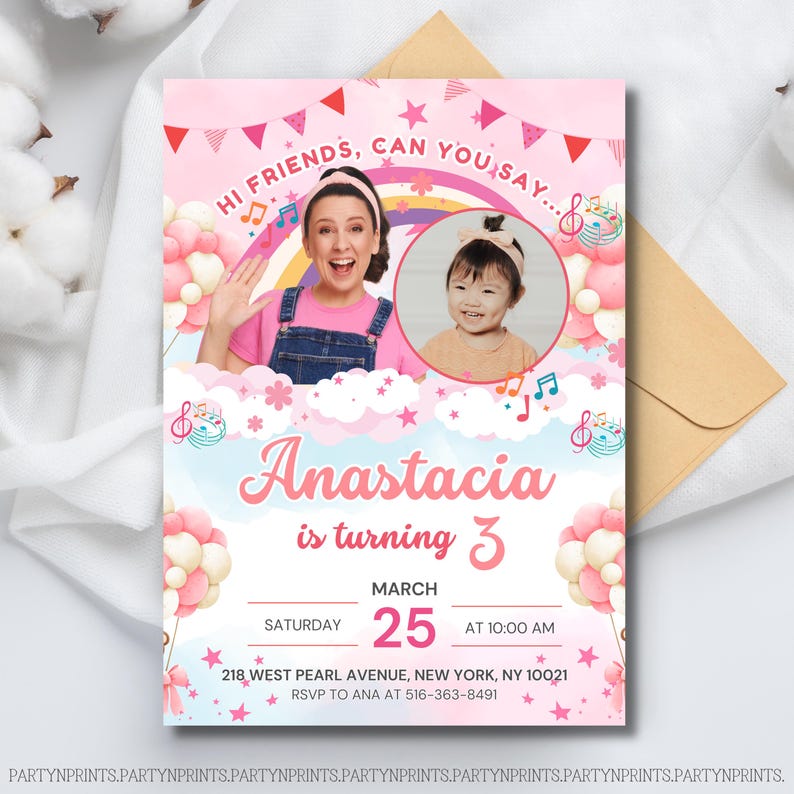May include: A pink birthday party invitation with the text "Hi Friends, Can You Say..." and "Anastacia is turning 3". The invitation includes a photo of a woman and a child, along with event details.