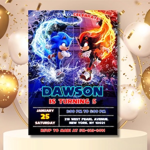 May include: A birthday party invitation featuring Sonic and Shadow characters. The invitation includes the text "DAWSON IS TURNING 5" and event details: January 25, Saturday, 3:00 PM to 5:00 PM, and an address in New York.