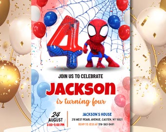 Invitación editable para el 4.º cumpleaños de Spidey, invitación de cumpleaños infantil de Spidey, fiesta de 4.º cumpleaños de Amazing Friends, plantilla de invitación de cumpleaños de superhéroe