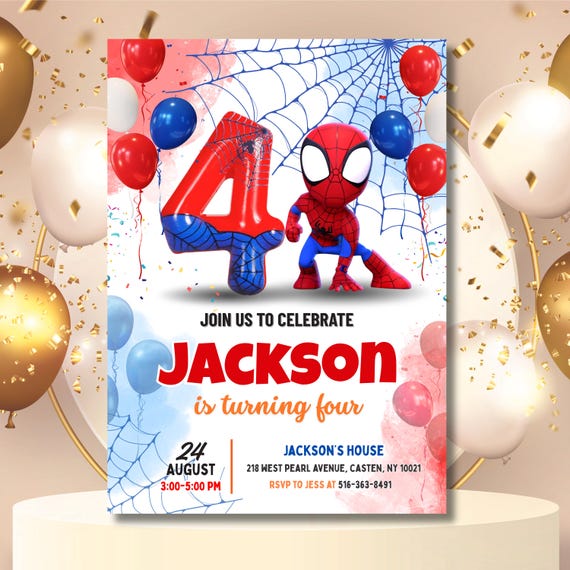 Editable 4th Spidey Birthday Invitation, Spidey Kids Birthday Invitation, Amazing Friends 4th Birthday Party, Superhero Bday Invite Template