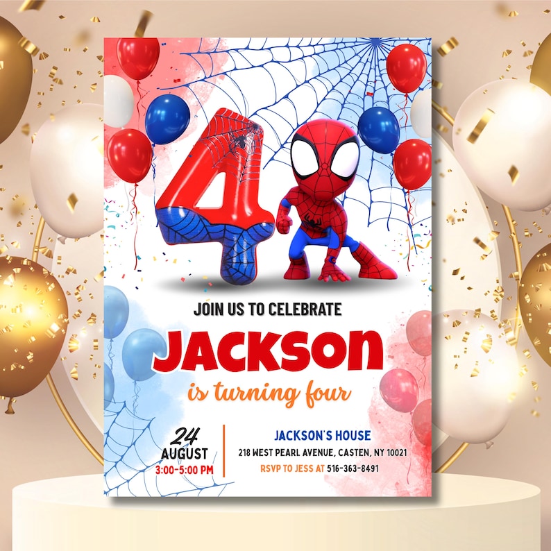 Może przedstawiać: Zaproszenie na urodziny z motywem Spider-Mana. Projekt zawiera duży czerwono-niebieski balon z cyfrą 4, figurkę Spider-Mana oraz tekst "Join us to celebrate JACKSON is turning four". Zaproszenie zawiera r&oacute;wnież datę, godzinę i miejsce.