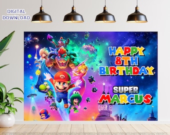 Fondo de cumpleaños de Super Mario Galaxy, fondo de fiesta de cumpleaños de Mario Galaxy, pancarta de cumpleaños personalizada de Mario Galaxy, personalizada, digital