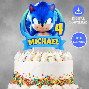 Edytowalna ozdoba na tort urodzinowy Sonic, niestandardowa ozdoba na tort Sonic, ozdoba centralna Sonic, ozdoba na tort Sonic the Hedgehog 3 do wydrukowania, cyfrowa ozdoba