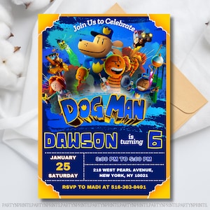 Bewerkbare verjaardagsuitnodiging hond man, uitnodiging hond man, bewerkbare verjaardagsuitnodiging voor kinderen, uitnodiging hond film film, hond man verjaardag
