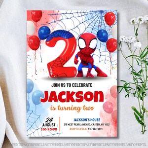 May include: A birthday party invitation featuring a red number 2 balloon and a Spider-Man character. The invitation includes the text "Join us to celebrate Jackson is turning two" with event details and RSVP information.