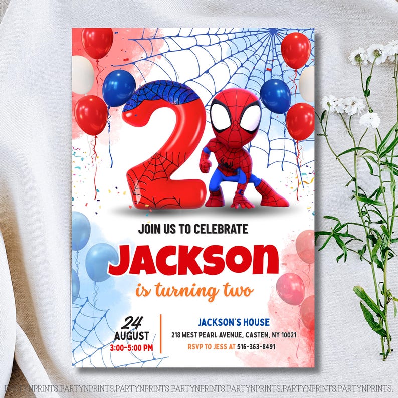 May include: A birthday party invitation featuring a red number 2 balloon and a Spider-Man character. The invitation includes the text "Join us to celebrate Jackson is turning two" with event details and RSVP information.