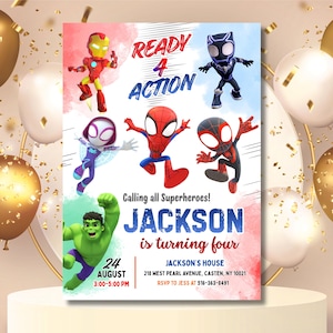 編集可能なReady 4 Action誕生日招待状、スーパーヒーローの4歳の誕生日招待状、スパイダーマンの子供の誕生日パーティー、Ready 4 Action招待状