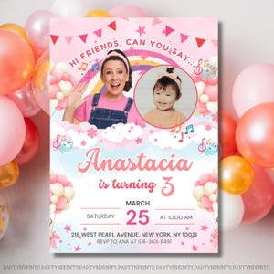 May include: Pink birthday party invitation with the text "Hi Friends, Can You Say..." and "Anastacia is turning 3." Features a photo of a woman and a child. Includes date, time, and location details. Decorated with balloons and musical notes.