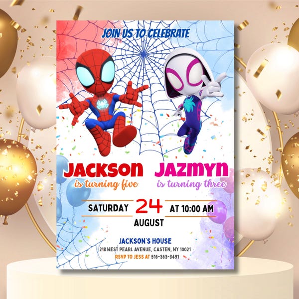 Bearbeitbare Spidey Stcy Geburtstagseinladung, Spidey Kids Gemeinsame Geburtstagseinladung, Spidey Dual-Geburtstagsfeier, Superheld Spidey Stcy Vorlage