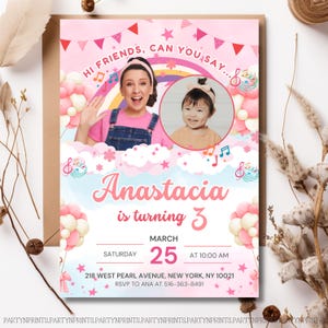 May include: A pink and white birthday party invitation with the text "Hi Friends, Can You Say..." and "Anastacia is turning 3". The invitation includes a photo of a woman and a child, along with event details.