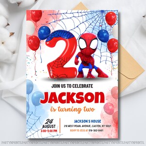 May include: A birthday party invitation featuring a Spider-Man theme. The design includes a large red number 2, a Spider-Man figure, balloons, and the text "Join us to celebrate Jackson is turning two". The date and time are also included.