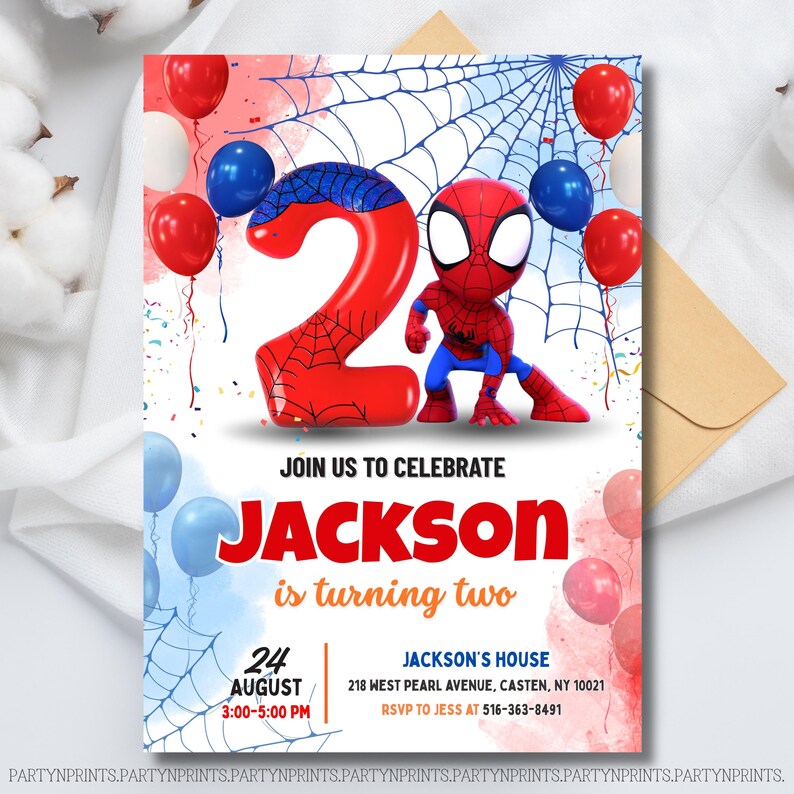 May include: A birthday party invitation featuring a Spider-Man theme. The design includes a large red number 2, a Spider-Man figure, balloons, and the text "Join us to celebrate Jackson is turning two". The date and time are also included.