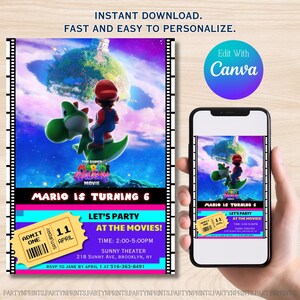 Puede incluir: Una invitaci&oacute;n digital con Mario y Yoshi de la pel&iacute;cula Super Mario Galaxy. La invitaci&oacute;n incluye el texto "Mario cumple 6 a&ntilde;os" y detalles de la fiesta. El dise&ntilde;o est&aacute; ambientado sobre un fondo colorido con tem&aacute;tica espacial, con un elemento estilo boleto.