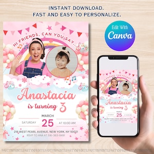 May include: A pink birthday party invitation with the text "Anastacia is turning 3". The design includes photos, musical notes, and the text "Hi friends, can you say..." The invitation is also displayed on a smartphone.