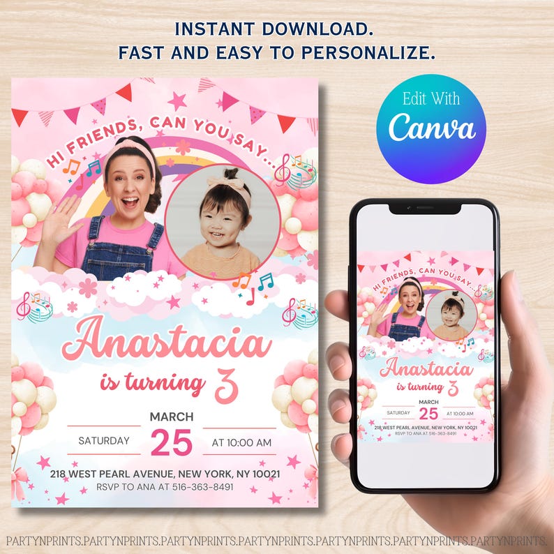 May include: A pink birthday party invitation with the text "Anastacia is turning 3". The design includes photos, musical notes, and the text "Hi friends, can you say..." The invitation is also displayed on a smartphone.