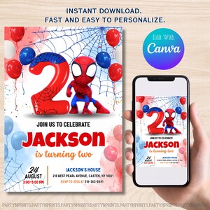 May include: A birthday invitation featuring a red number 2 balloon, a Spider-Man figure, and red, blue, and white balloons. The invitation includes the text "Join us to celebrate Jackson is turning two" and event details.